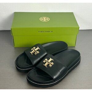 NEW NWT Tory Burch Everly Lug Slide Sandals Black Leather Gold Logo Size 6
